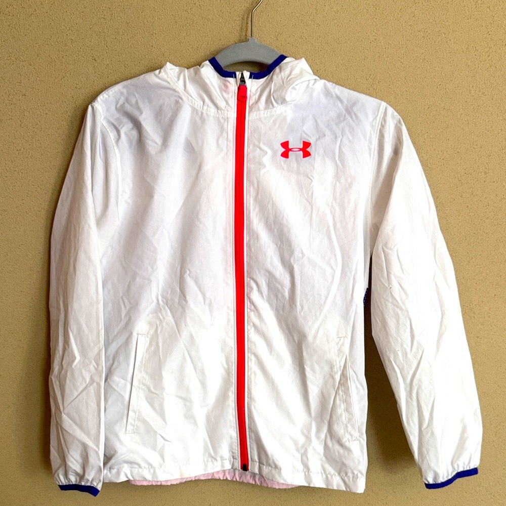 Youth Under Armour White Jacket with fluorescent pink and blue Details